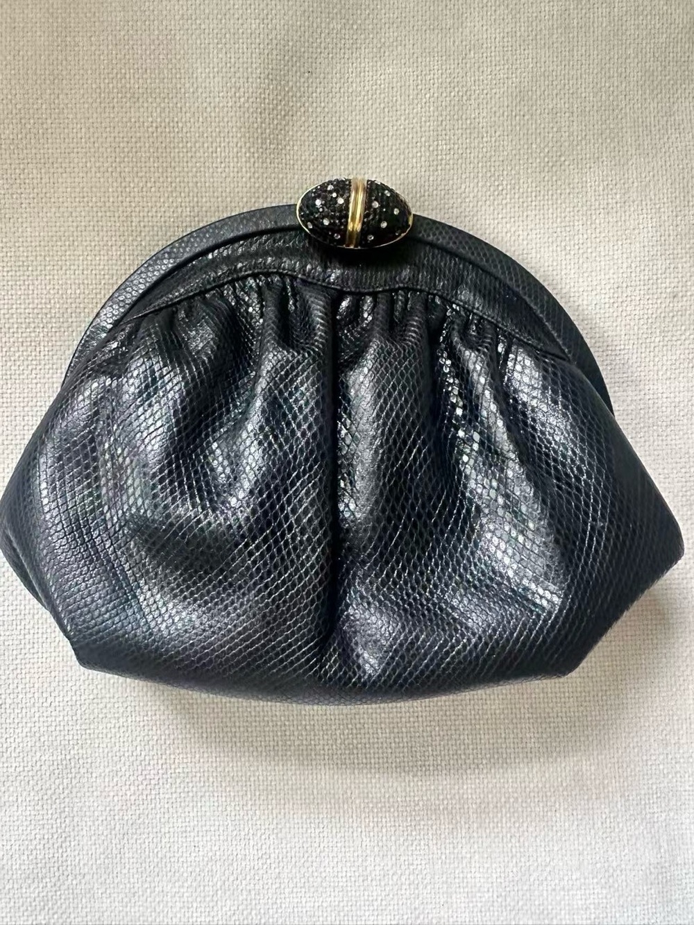 Black Textured Leather Evening Clutch with Decorative Closure